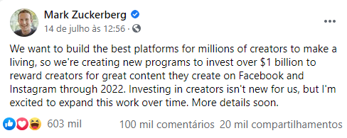 Mark Zuckerberg disse em publicação que o Facebook vai pagar um bilhão de dólares para os influenciadores que utilizam os aplicativos.
